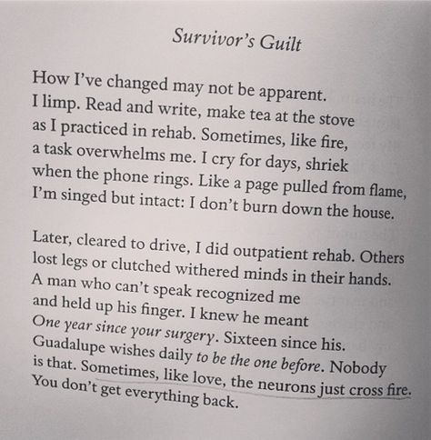 "Survivor's Guilt" by Patricia Kirkpatrick | #poem #poetry Aedan Cousland, Jacob Seed, Iron Bull, Survivor Guilt, Lady Marmalade, Art Quotes Funny, Treasure Hunters, I've Changed, Friendship Poems