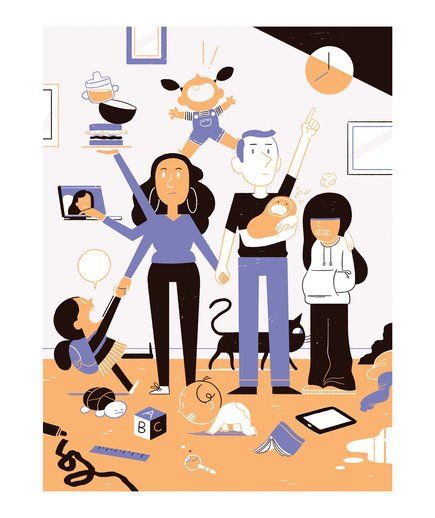 Illustration: chaotic family scene Chaotic Family, Parenting Illustration, Fun Holiday Crafts, College Expenses, Teenager Humor, Confidence Kids, Parenting Videos, Smart Parenting, Family Illustration