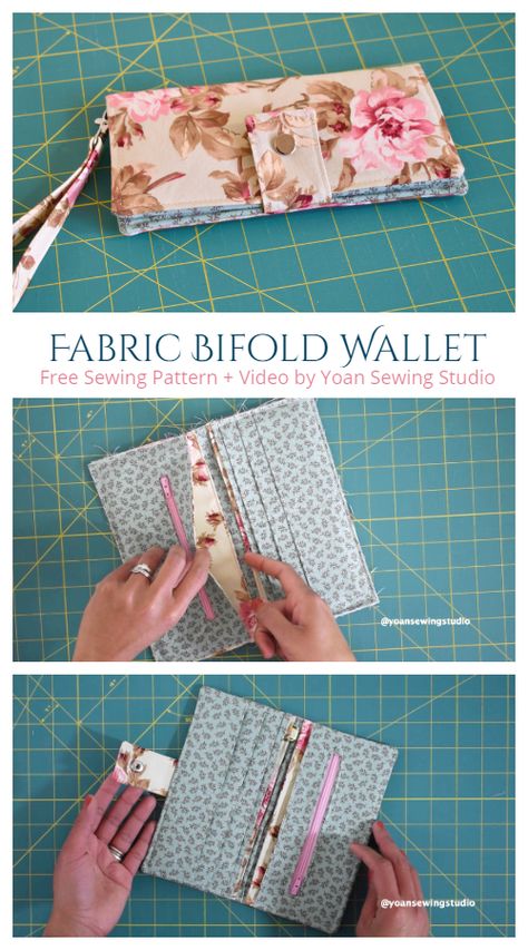 DIY Fabric Bifold Wallet Free Sewing Pattern + Video | Fabric Art DIY Small Fabric Purse Patterns, Fabric Bifold Wallet Pattern Free, Free Bifold Wallet Pattern, Free Wallet Sewing Patterns Tutorials, Wallet Diy Fabric, Wallet Ideas Diy, Diy Sew Wallet, Quilted Wallet Pattern Free, Sewing A Wallet