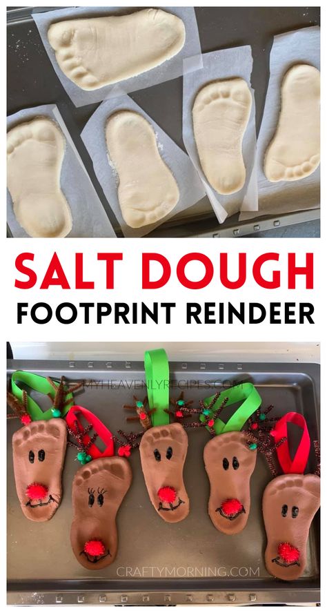 Salt Dough Footprint Reindeer Ornaments- such a cute christmas craft for kids to make! Fun homemade ornaments for gifts for parents or grandparents. DIY project for keepsakes! Recipe for salt dough footprint ornaments. Salt Dough Footprint, Footprint Reindeer, Grandparents Diy, Baby Christmas Crafts, Evergreen Candle, Diy Jul, Classroom Christmas, Preschool Christmas Crafts, Gifts For Parents