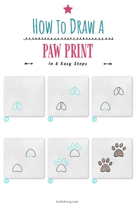 Step by step drawing lesson demonstrating a how to draw a paw print Kawaii, Dog Doodles Simple Step By Step, Paw Print Drawing Simple, How To Draw Paw Prints, Dog Paw Drawing Easy, Dog Sketch Easy Step By Step, How To Draw A Paw Print, Dog Drawing Simple Step By Step, Dog Doodles Simple