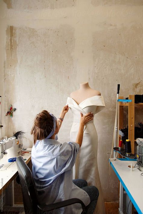 Woman designing dress on dummy by T-REX & Flower - Stocksy United Designing Dress, Sewing Aesthetic, Sewing Photography, Fashion Dream Job, Fashion Designer Studio, Student Fashion, Fashion Design Sketches, Party Gowns, Fashion Studio