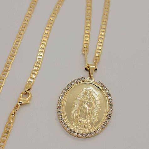 Brazilian 18k Gold Filled Virgen De Guadalupe Necklace With Cubic Zirconia Stones Length Is 24" Free Jewelry Bag Included Brand New Nwt Does Not Tarnish It Can Last For Years With Proper Care Guadalupe Necklace, Gold Collar Necklace, Crucifix Necklace, Silver Bar Necklace, Bronze Necklace, Wing Necklace, Fringe Necklace, Flower Pendant Necklace, Jewelry Bag