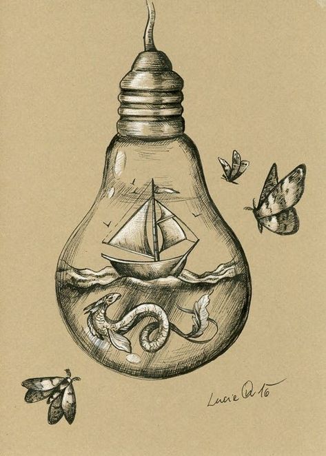 Hidden Worlds. A Glimpse of Fairyland Animals in Drawings. By Lucie Ondruskova. Drawing Tips, Light Bulb Art, Art Du Croquis, 심플한 그림, Desen Realist, Seni 3d, Desenho Tattoo, Pencil Art Drawings, Cool Art Drawings