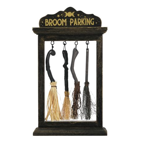 "Buy the Midnight Moon Broom Parking Tabletop Décor by Ashland® at Michaels. Featuring multiple witch brooms hanging from a 'Broom Parking' sign, place this accent on your mantel next to black candle holders to haunt your living space. Invite a creepy vibe into your holiday décor with this tabletop accent from Ashland. Featuring multiple witch brooms hanging from a 'Broom Parking' sign, place this accent on your mantel next to black candle holders to haunt your living space. Details: Black 7.25\ Broom Parking Sign Halloween Witches, Witch Brooms, Broom Parking, Halloween Brooms, Black Candle Holders, Moon Halloween, Midnight Moon, Unicorn Painting, Black Candle