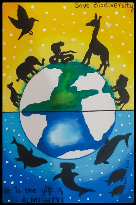 We must save the biodiversity as It is the gift of god. Poster About Biodiversity, Biodiversity Drawing Ideas, Poster On Biodiversity, Poster On Wildlife, Save Biodiversity Poster, Green Earth Drawing, Wildlife Poster Drawing, Biodiversity Painting, Biodiversity Project Ideas