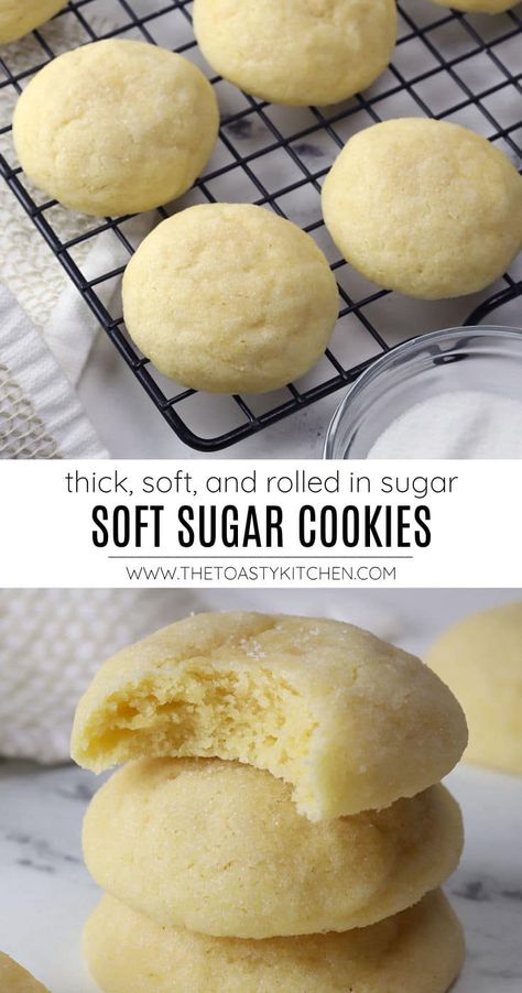 Soft sugar cookies are thick, tender cookies rolled in sugar to add a sweet, crunchy crust. The perfect cookie for year round, and a classic to add to your holiday cookie tray. Flan, Crumbl Cookie Sugar Cookie Copycat, Healthy Things To Bake, Fluffy Sugar Cookies Recipe, Round Sugar Cookies, Iced Sugar Cookie Recipe, Soft Sugar Cookies Recipe, Cookie Recipes Without Butter, Chewy Sugar Cookie Recipe