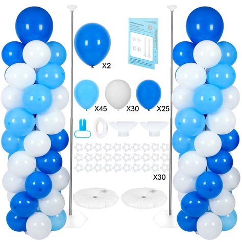 PRICES MAY VARY. 🎁102Pcs Balloons Included- Lanboon balloon column stand packed in a comprehensive box that included everything you need even 102pcs BALLOONS. The balloon stand kit: stainless steel telescopic rod x 2, base x 2, top cup x 2, water bag x 2, balloon clip x 30, knotter x 1, 10 meters ribbon x 1, user guide x 1. The balloons list: 10” light blue x 45, 10” white x 30, 10” dark blue x 25, 18” dark blue x 2, so you don’t need to spend extra time to buy any balloons 🎀Balloon Column Kit Balloon Tower Stand, Simple Balloon Arch, Balloon Table Decorations, Balloon Column Stand, Blue Balloon Arch, Balloon Pillars, 2 Balloon, Balloon Stand, Balloon Tower