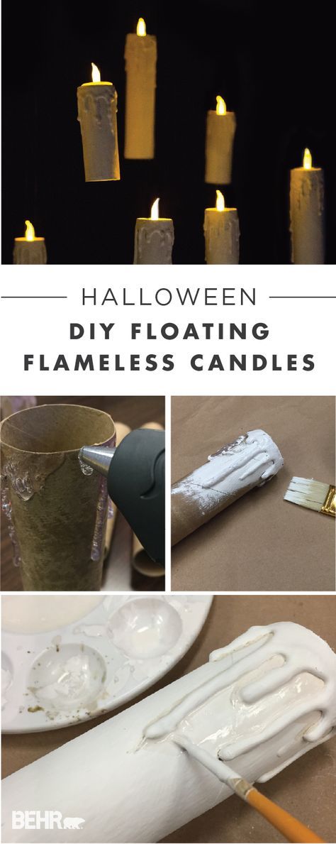 With a little paint and a lot of creativity, you can turn cardboard tubes into a festive Halloween craft. Use BEHR Paint in Ultra Pure White and Arrowhead to give these fun fall decorations a terrifying twist. Hang your DIY floating flameless candles on your front porch to secure your spot as the spookiest house in the neighborhood. Check out this easy tutorial to learn more. Diy Halloween Tent Decor, Halloween Decor From Cardboard, Diy Halloween Floating Candles, Diy Floating Candles Halloween, Diy Floating Ghost Decoration, Diy Halloween Decorations With Cardboard, Floating Halloween Decor, Diy Halloween Decorations Cardboard, Hanging Candles Halloween