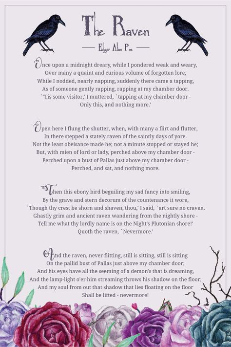 In E. A. Poe’s poem The Raven the narrator reflects on his lost love, and then is visited by a mysterious raven whose only utterance is a snarling “nevermore.” You download the shortened version of The Raven at our blog. #theraven #edgarallanpoe #poetry | countryhillcottage.com The Raven By Edgar Allen Poe, Edgar Allen Poe Poems The Raven, The Raven Poem Edgar Allan Poe, Raven Poem Edgar Allan Poe, Quote The Raven Nevermore, Nevermore Raven Tattoo, Edgar Allen Poe Poems Love Poetry, Edgar Allen Poe Aesthetic Decor, Mystery Poems