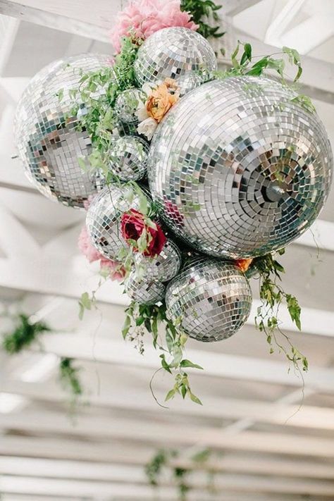 Rustic Wedding Decorations, Rosh Hashanah, Funky Fonts, Floral Wedding Decorations, Disco Fever, Flowers And Greenery, Disco Balls, Hanging Flowers, Red Colour