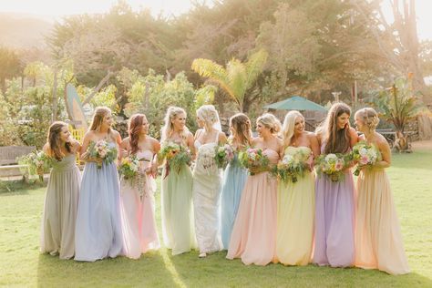 Unique bridesmaid dresses, whimsical wedding ideas, bridesmaids in mismatch pastel rainbow dresses, spring wedding Wedding Dresses For Bridesmaids, Pastel Colour Bridesmaid Dresses, Rainbow Bridesmaid Dresses, Bridesmaid Dresses Different Colors, Rainbow Bridesmaids, Spring Wedding Bridesmaids, Rainbow Wedding Theme, Pastel Wedding Dresses, Rainbow Wedding Dress