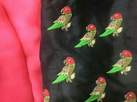 Parrot Design, Art Inspiration Ideas, Zardosi Embroidery, Mirror Work Blouse, Maggam Work Designs, Maggam Work Blouse Designs, Blouse Designs Silk, Hand Work Embroidery, Embroidered Blouse Designs