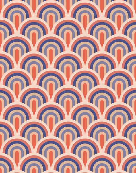 Featuring classic scallop motifs in bold colours, this design ticks all the retro boxes. This crisp wallpaper would create a stunning feature wall or applied all over for maximum impact. Retro Homescreen Wallpaper, Retro Rainbow Wallpaper, Retro Pattern Geometric, Vintage Fabric Prints, Quirky Wallpaper, Repetitive Patterns, Random Patterns, Purple Retro, Honey Brand