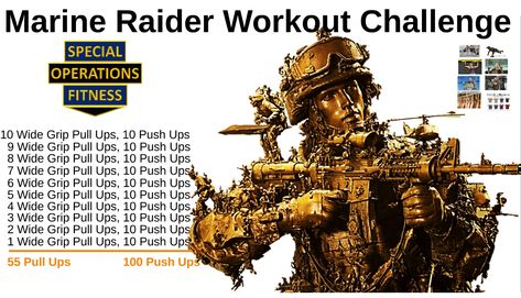 The Marine Raider Workout Challenge is named in Honor of the Operators of the Marine Special Operations Command (MSOC). We challenge you to try it.... Marine Workout, Special Forces Workout, Pull Workout, Marine Recon, Special Forces Training, Spartan Workout, Force Recon, Marine Raiders, Tactical Fitness