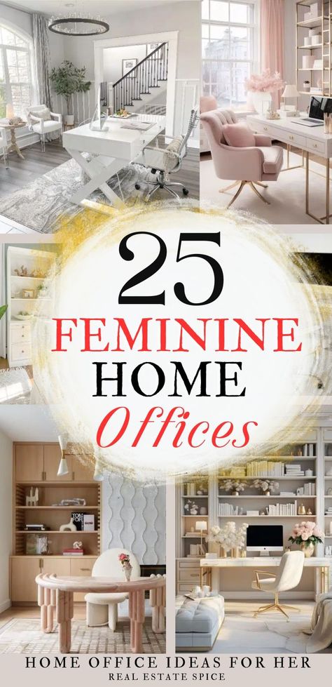 50 Beautiful Women's Home Office Ideas and Design Tips Home Office Design Feminine, Feminine Home Office Classy, Women Home Office Ideas, Womens Office Decor, Girly Home Office, Modern Home Office Ideas, Women Office Decor, Womens Home Office Ideas, Feminine Home Office Ideas