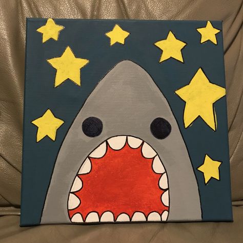 starry night shark painting on canvas Painting Ideas For Square Canvas, Shark Painting Acrylic Easy, Paint Marker Art Ideas Easy, Painting Ideas On Black Canvas Easy, Shark Painting Easy, Painting Ideas On Square Canvas, Square Canvas Painting Ideas, Baby Room Paintings, Shark Painting