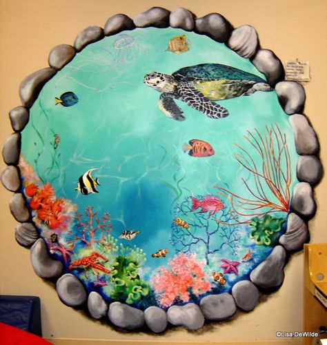 #Aquarium #Mural - Mulberry School Aquarium Painting Ideas, Aquarium Painting, Aquarium Mural, Kids Room Murals, Underwater Painting, Sea Life Art, School Murals, Underwater Art, Wall Murals Painted