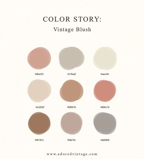 Jun 3, 2021 - Vintage Blush is an ode to classic and timeless colors and patterns that can be worn throughout various garments, eras, seasons, and styles. The palette consists of baby blush pinks, light ivory's and creams, whites, and a soft muted brown. These hues are a staple for the Adored Vintage gal, whether it be a solid print Color Palette Pantone, Nude Color Palette, Palettes Color, Hex Color, Hex Color Palette, Pantone Colour Palettes, Palette Design, Brown Color Palette, Color Schemes Colour Palettes