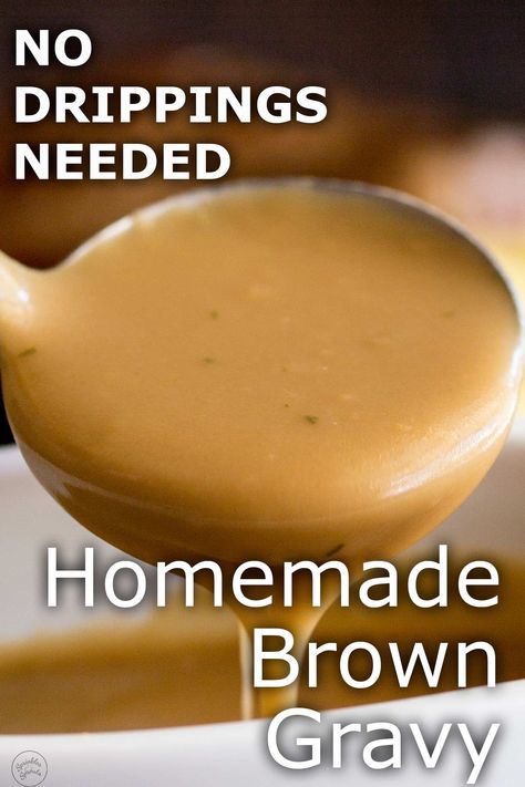 Learn how to make Homemade Brown Gravy from scratch. So easy, this gravy can be made without drippings as it is thickened with flour. The flavor comes from beef broth/stock whilst the rich texture comes from some butter and a splash of heavy cream. The perfect gravy for serving with your beef roast, pork chops or sausage and mashed potatoes. Madeleine, Brown Gravy From Scratch, Sausage And Mashed Potatoes, Beef Gravy From Broth, Make Brown Gravy, Pork Gravy Recipe, Homemade Beef Gravy, Brown Gravy Recipe Easy, Gravy Without Drippings