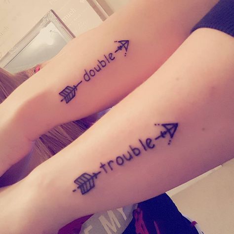 Double Trouble Tattoo Friends, Matching Uncle And Niece Tattoos, Uncle And Niece Tattoos, Double Trouble Tattoo, Favorite Cousin Tattoos, Matching Auntie And Niece Tattoos, Frienship Tattoos, Book Tattoo Ideas Small, Sibiling Tattoos