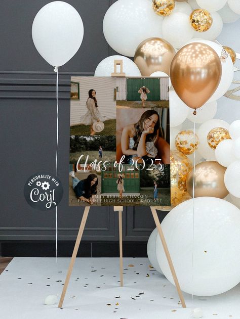 Name Display Ideas For Party, Best Grad Party Ideas, Graduation Picture Decoration Ideas, Grad Party Flower Wall, Grad Theme Ideas, Picture Ideas For Graduation Party, Grad Party Picture Ideas, College Grad Decoration Ideas, College Grad Party Ideas Decorations