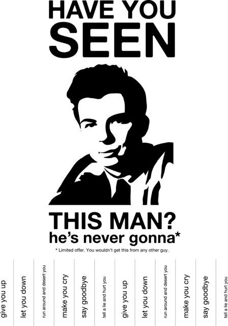 Analogue Rickroll Poster | Print it. Stick it up. Share Rick… | Flickr Humour, Tear Off Poster, Rick Roll, Student Council Campaign, 80s Party Decorations, 80s Birthday Parties, Rick Rolled, 80s Theme Party, 80s Theme