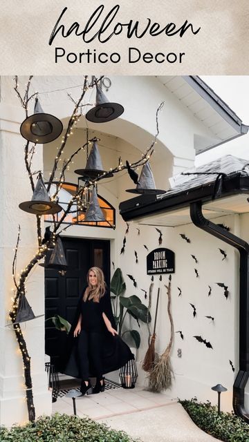 Halloween Decorations No Porch, Broom Parking Decor, Classy Halloween Decorations Outdoor, Halloween Witch Front Porch Ideas, Aesthetic Outdoor Halloween Decor, Witches Flying School, Diy Tree Branch Halloween Decor, Halloween Hutch Display, Halloween Front Entry Ideas