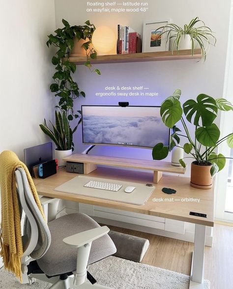 plants * keyboard * shelves * wood * wooden shelves Guy Desk Setup, Small Sitting Room Office, Cozy Standing Desk, Two Desks In Bedroom, White Home Office Desk, Zen Home Office Space, Reseller Office Ideas, Home Office And Game Room Combo, Dual Monitor Office Setup