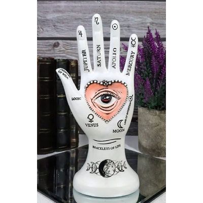 *This Palmistry Hand Palm Fortune Telling Sculpture is made of designer composite resin, hand painted and polished individually. Color Tone may vary slightly from pictures. The Hand Palm sculpture is perfect as a decor or as jewelry holder. | Trinx Ancient Mystical Psychic Fortune Teller Chirology Greek Gods | 8.75 H x 4.25 W x 2.5 D in | Wayfair | Home Decor Scrying Crystal, Palmistry Hand, Pyramid Eye, Fortune Tellers, Gods Goddesses, Eye Of Providence, Hand Palm, Jewellery Holder, Buy Stuff