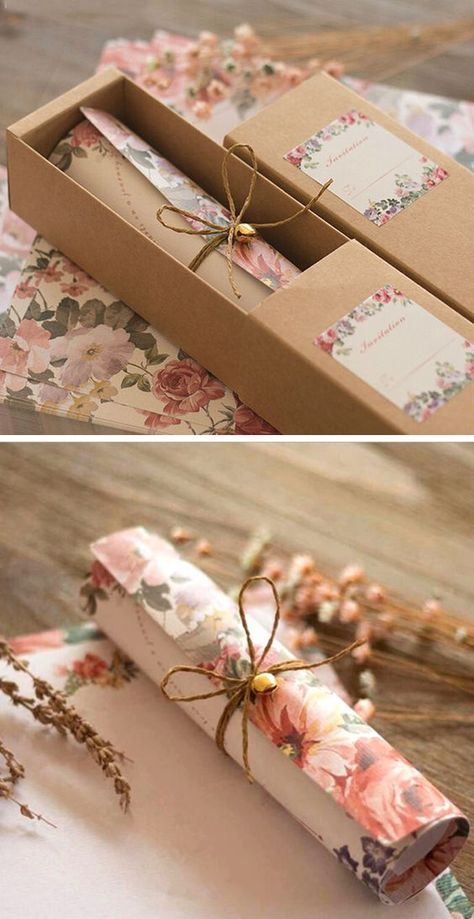 super romantic rustic wedding invitation ideas with lovely favor boxes Rustic Wedding Invitations, Hand Drawn Wedding Invitations, Scroll Wedding Invitations, Wedding Invitation Trends, Unique Wedding Cards, Romantic Rustic Wedding, Indian Wedding Invitation Cards, Creative Wedding Invitations, Wedding Invitation Card Design