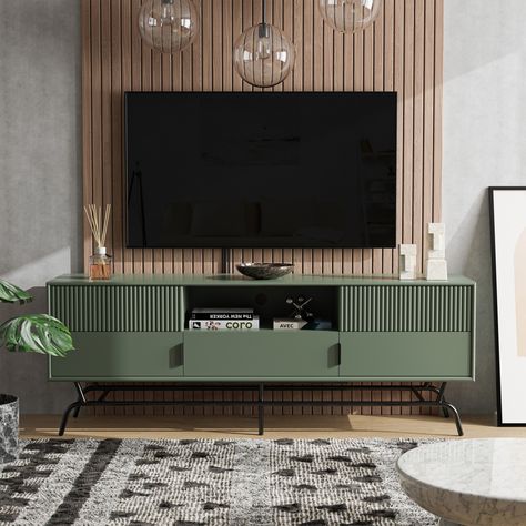 Sleek and functional, this DENHOUR BASIC Modern Sage Green 60-inch 3-Drawer Media Cabinet TV Stand will make the perfect addition for any living room or entertainment space. Ruang Tv, Modern Tv Room, Tv Unit Design Modern, Tv Stand Decor, Tv Stand Designs, Tv Cabinet Design, Modern Tv Units, Modern Tv Wall, Muebles Living
