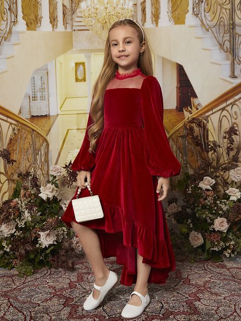 Red Party Collar Long Sleeve Flannelette Plain A Line Embellished Slight Stretch  Girls Clothing Kid Outfits, Red Dresses For Kids, Plum Flower Girl Dresses, Red Fancy Dress, Kids Christmas Dress, Red Flower Girl Dresses, Long Flower Girl Dresses, Girls Long Sleeve Dresses, Recycled Dress