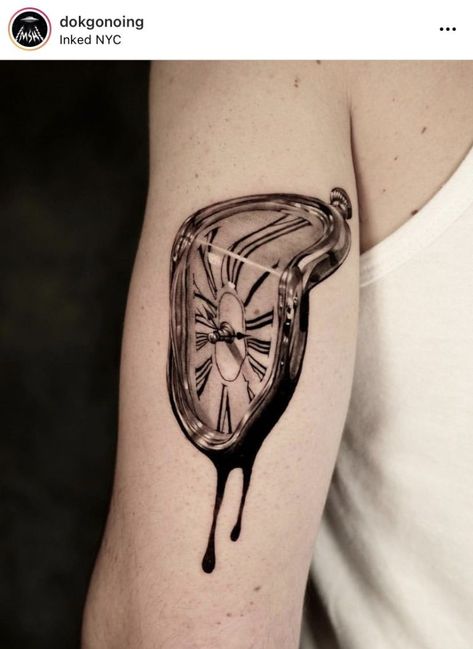 Salvadore Dali Tattoo, Dali Watch Tattoo, Surreal Tattoo Sleeve, Salvador Dali Tattoo Design, Salvador Dali Tattoos, Salvador Dali Clock Tattoo, Sands Of Time Tattoo, Salvador Dali Tattoo Ideas, Mini Realistic Tattoo