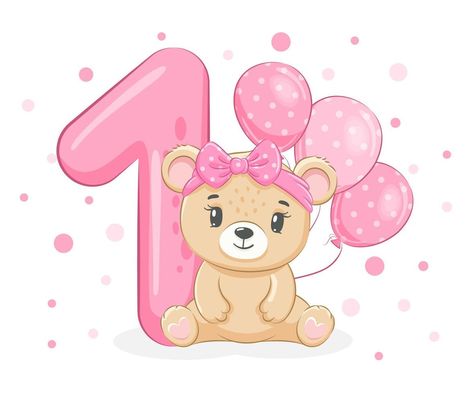 An illustration from the cartoon - Happy birthday, 1 year, a cute little bear girl. Vector illustration. Happy Birthday 1 Year, Hearts Cartoon, Happy Birthday Baby Girl, Flowers Balloons, Baby Birthday Card, Baby Scrapbook Album, Baby Print Art, Birthday Bear, Baby Boy Cards