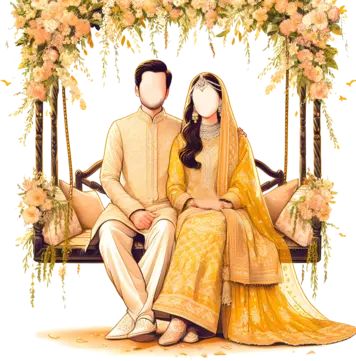 Indian Wedding Caricature Couple, Bride Groom Illustration Indian, Haldi Bride And Groom, Haldi Caricature Couple, Haldi Couple Illustration, Wedding Couple Cartoon Marriage, Haldi Cartoon Bride, Haldi Ceremony Illustration, Muslim Couple Illustration Wedding