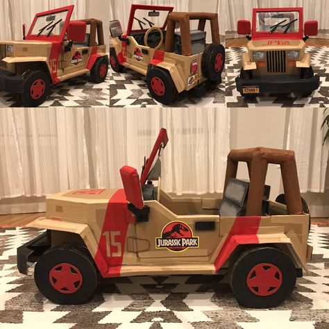 Jurassic Park jeep made of cardboard boxes Box Vehicles Cardboard, Jurassic Jeep Cardboard, Diy Jurassic Park Jeep Cardboard, Jurassic Park Jeep Diy, Boxcar Ideas Cardboard Boxes, Jeep Cardboard Box Car, Kindy 500 Ideas, Jurassic Park Jeep Cardboard, Jurassic Park Valentine Boxes