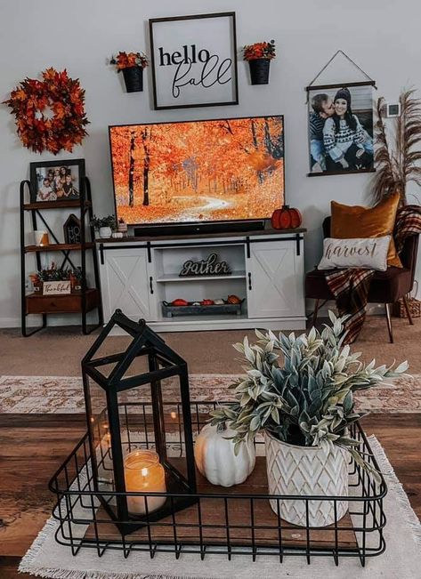 Amazon Home Inspiration, Double Wide Home Decor, Summer Home Decor Living Room, Cozy Fall Decor Living Room, Fall Tv Stand Decor, Fall Living Room Decor Warm Colors, Boho Chic Living Room Ideas, Fall Table Arrangements, Cozy Farmhouse Decor