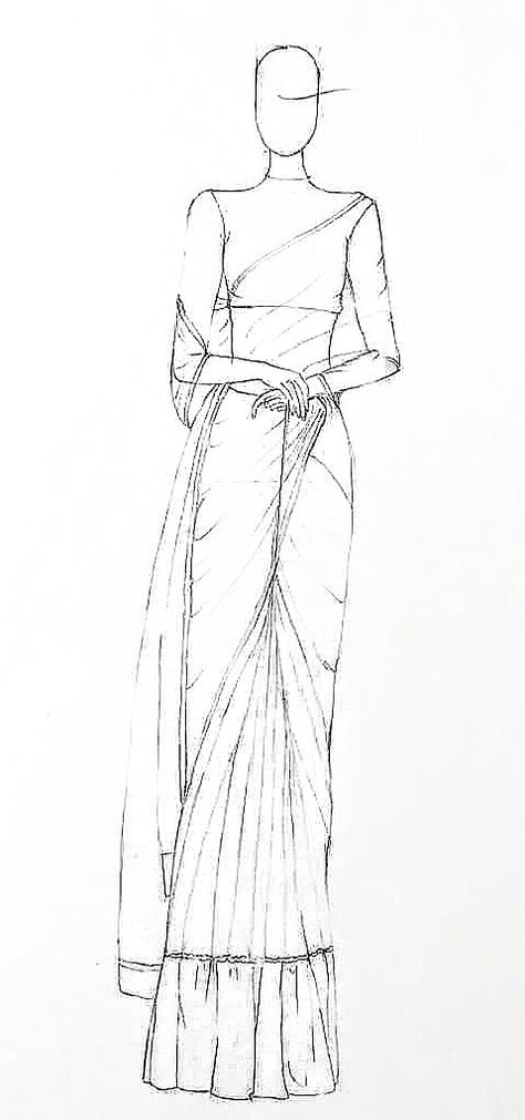 Saree Outline Sketch, Saree Draping Illustration Sketches, How To Draw Saree Sketch, Figer Drawing Women, Saree Flat Sketch, Saree Drawing Art, Saree Illustration Fashion Sketch, Saree Sketches Fashion Illustration, Fashion Illustration Template Women