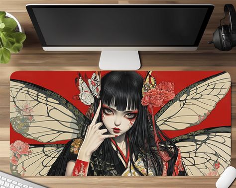 👉🏻Design Concept👈🏻 This striking design blends the delicate beauty of traditional Japanese aesthetics with a touch of the fantastical. The central figure is a mysterious woman with long, flowing black hair, adorned with intricate butterfly wings. Her piercing gaze is enhanced by vivid red makeup that contrasts sharply with her pale complexion. She wears a traditional kimono with intricate floral patterns, and the vibrant red background accentuates the overall intensity of the image. The butt Traditional Japanese, Pale Complexion, Gaming Anime, Traditional Kimono, Red Makeup, Art Japonais, Anime Gifts, Design Concept, Butterfly Wings