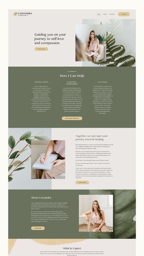 Calming and nature-inspired Squarespace website design for a Registered Clinical Counsellor Therapy Website Design, Therapist Website, Spiritual Website, Therapy Website, Consulting Website, Website Design Inspiration Layout, Coach Website, Kelowna Bc, Squarespace Design