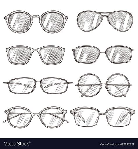 Sunglasses Drawing Reference, Sunglasses Design Sketch, Sunglasses Sketch, Frames Doodle, Sunglasses Drawing, How To Draw Glasses, Glasses Sketch, Female Glasses, People With Glasses