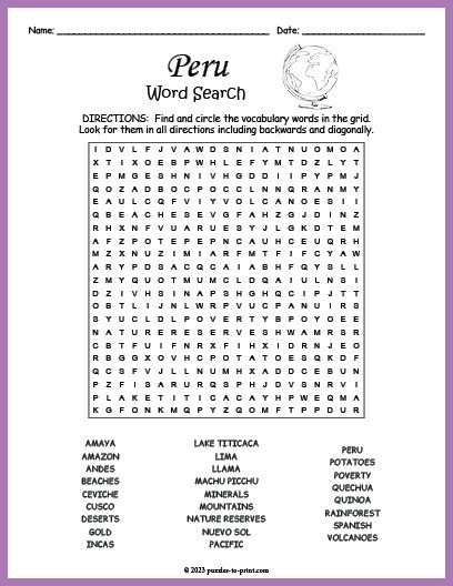 Free Printable Peru Word Search Desert Words, Printable Word Search, Puzzle Worksheet, Worksheet Activities, Word Search Puzzles Printables, Free Printable Word Searches, Teaching Geography, Word Search Printables, Map Skills