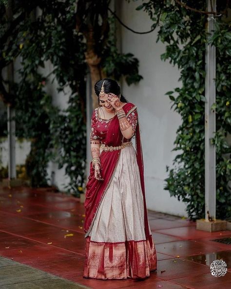 Bridal Saree Draping, Saree Lehenga Designs, Half Saree Designs South Indian, South Indian Bridal Saree, Traditional Half Saree Designs, Traditional Lehenga Designs, South Indian Brides, Bridal Lehenga Blouse Design, South Indian Bride Saree