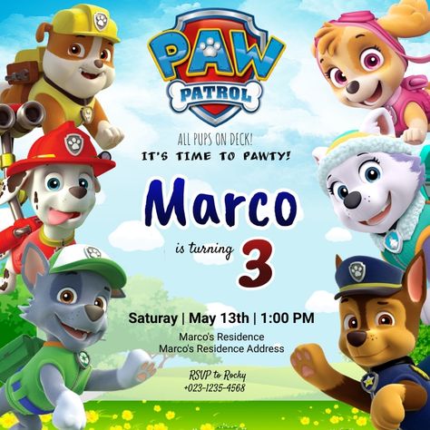 221+ Free Templates for 'Paw patrol' | PosterMyWall Paw Patrol Party Invitations, Paw Patrol Birthday Decorations, Paw Patrol Birthday Invitations, Paw Patrol Invitations, Team Party, Paw Patrol Birthday Party, Promotional Flyers, Free Invitation Templates, Paw Patrol Party