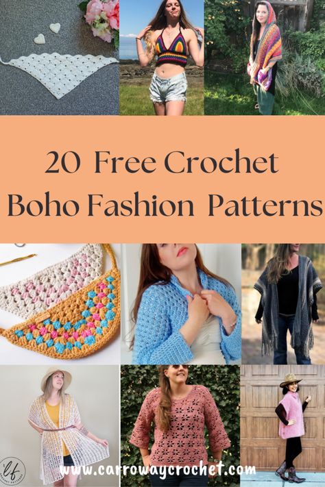 20 Free Boho Crochet Fashion Patterns - Carroway Crochet Bohemian Crochet Patterns, Carroway Crochet, Pretty Spring Dresses, Groovy Party, Boho Crochet Patterns, Bohemian Crochet, Bralette Pattern, Crochet Patterns Free, Crochet Shrug Pattern