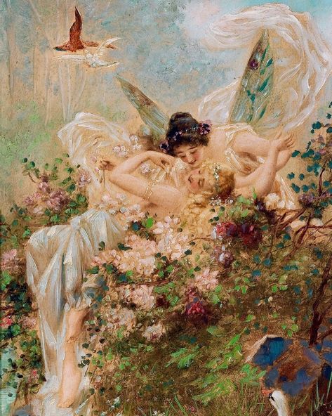 Hans Zatzka, Two Fairies Embracing in a Landscape with a Swan, 1900 Two Fairies, Hans Zatzka, Fairy Dance, Istoria Artei, Bel Art, Rennaissance Art, Lesbian Art, Kunst Inspiration, Art Ancien