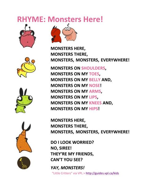 RHYME - MONSTERS HERE! Monster Activities Preschool, Preschool Rhymes, Halloween Rhymes, Monster Songs, Little Candles, Amazing Words, Monster Activities, Kindergarten Songs, Classroom Songs