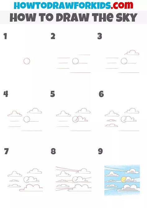 Sky Drawing Easy, How To Draw Sky, Nature Doodles, Landscape Drawing Tutorial, Drawing Sky, Doodle Art For Beginners, Easy Flower Drawings, Diy Drawing, Easy Drawing Steps