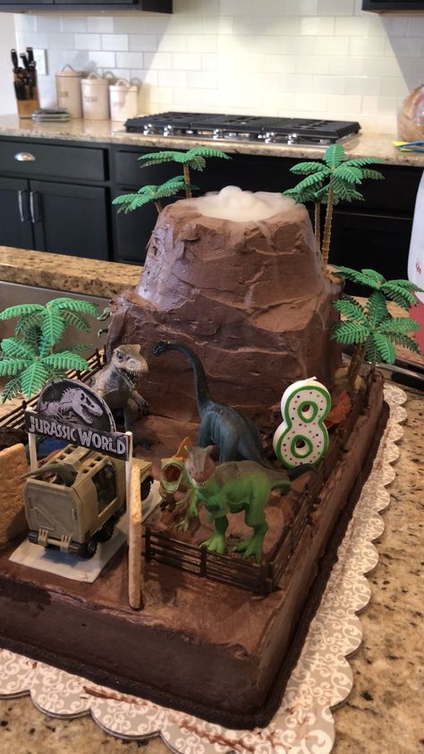 Chocolate Volcano, Jurassic World Cake, Dino Birthday Cake, Camera Cakes, Jurassic Park Birthday Party, Volcano Cake, Jurassic Park Birthday, 6th Birthday Cakes, Construction Theme Party